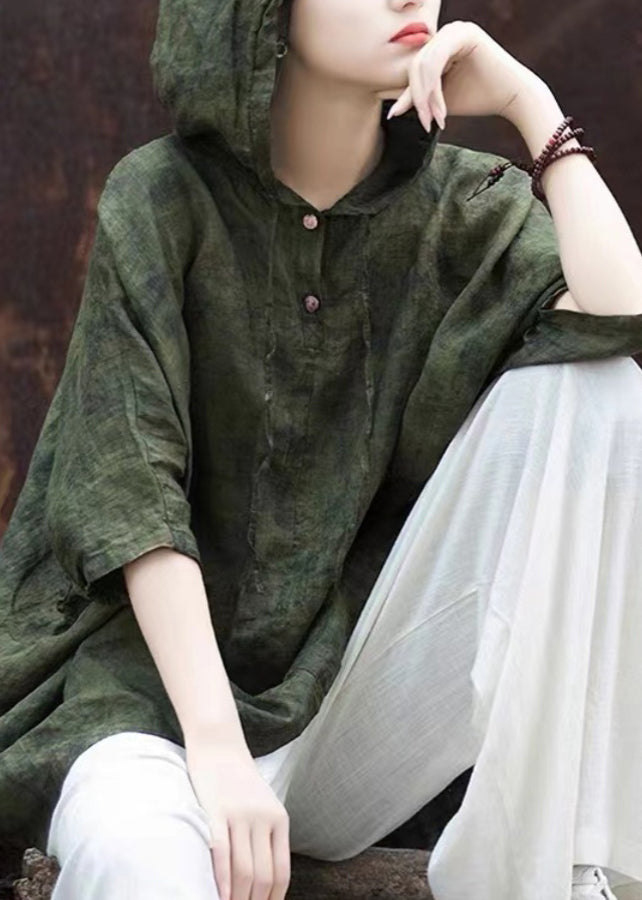 Vintage Blackish Green Print Button Hooded Top Summer AP031