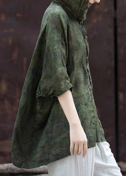 Vintage Blackish Green Print Button Hooded Top Summer AP031