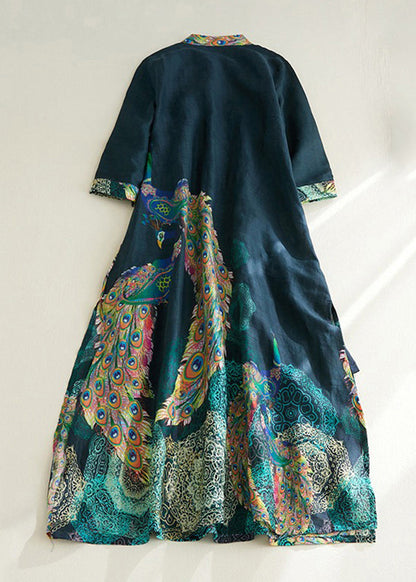 Vintage Blackish Green Stand Collar Print Side Open Long Dresses Short Sleeve VV030