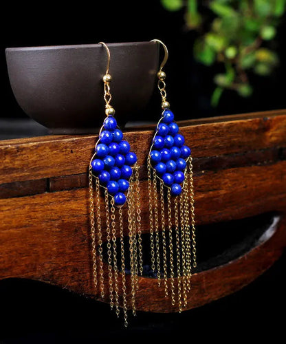 Vintage Blue 14K Gold Gem Stone Tassel Drop Earrings Ada Fashion