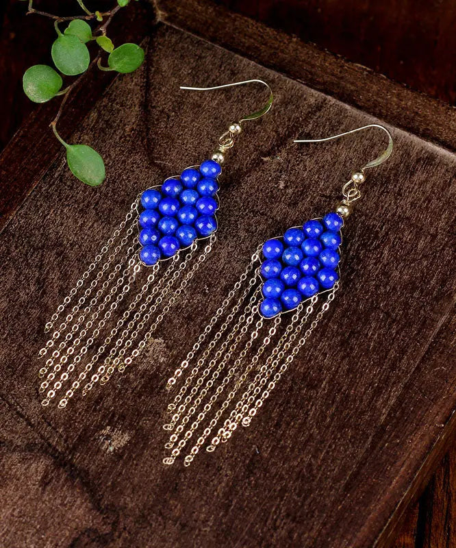 Vintage Blue 14K Gold Gem Stone Tassel Drop Earrings Ada Fashion