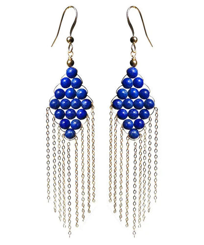 Vintage Blue 14K Gold Gem Stone Tassel Drop Earrings Ada Fashion