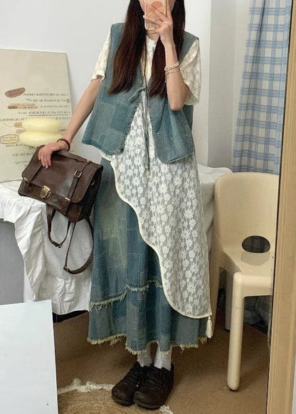 Summer Up Piece Denim Asymmetrical Lace Three Set Blue Vintage