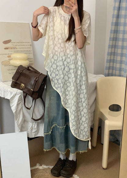 Summer Up Piece Denim Asymmetrical Lace Three Set Blue Vintage