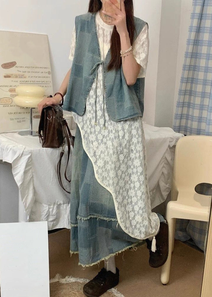 Summer Up Piece Denim Asymmetrical Lace Three Set Blue Vintage