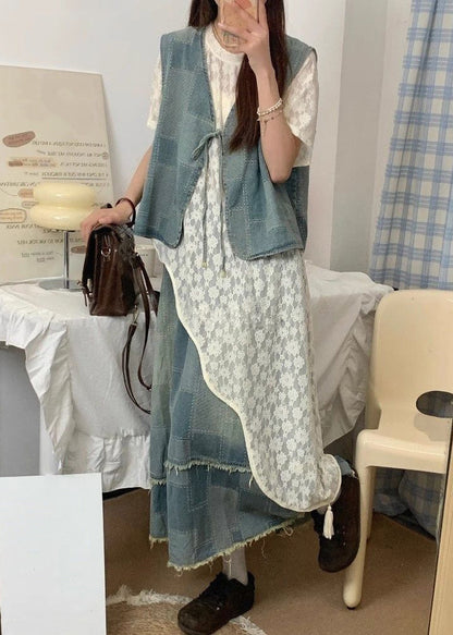 Summer Up Piece Denim Asymmetrical Lace Three Set Blue Vintage