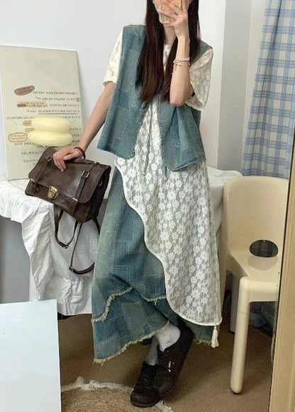 Summer Up Piece Denim Asymmetrical Lace Three Set Blue Vintage