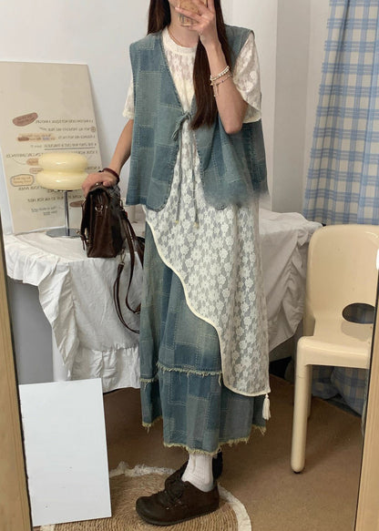 Summer Up Piece Denim Asymmetrical Lace Three Set Blue Vintage