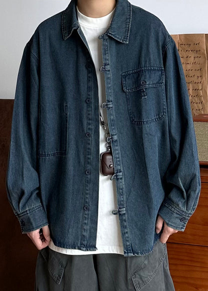 Vintage Oversized Spring Coat Pockets Button Blue Men Denim