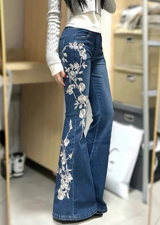Embroidered Flared Vintage Trousers Denim Spring Blue Pockets