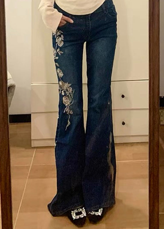 Embroidered Flared Vintage Trousers Denim Spring Blue Pockets