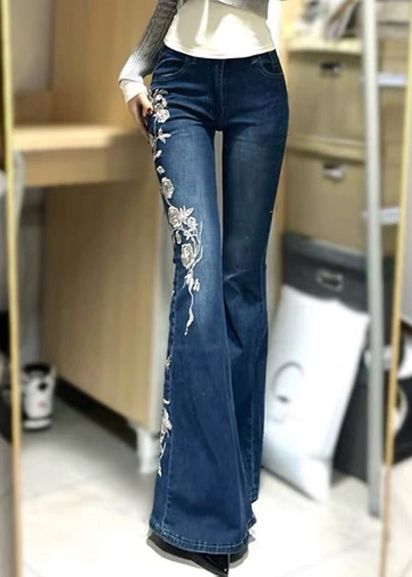 Embroidered Flared Vintage Trousers Denim Spring Blue Pockets