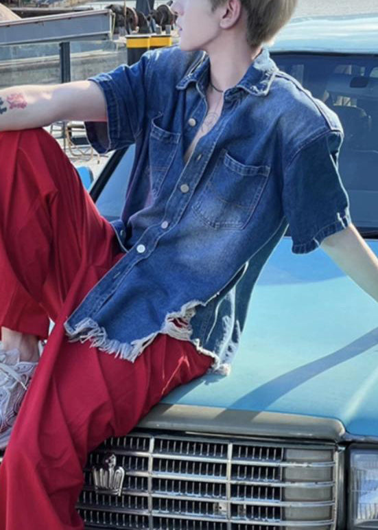 Vintage Button Denim Shirts Summer Men's Blue Hole