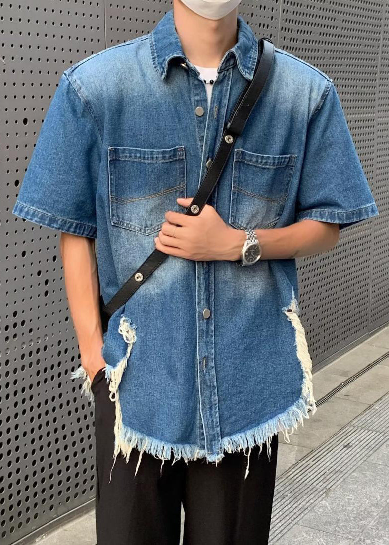 Vintage Button Denim Shirts Summer Men's Blue Hole