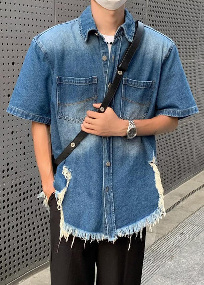 Vintage Button Denim Shirts Summer Men's Blue Hole