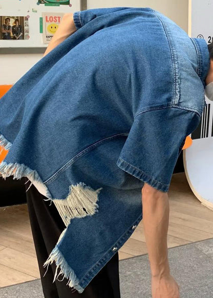 Vintage Button Denim Shirts Summer Men's Blue Hole