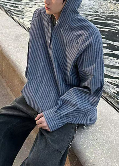 Button Vintage Shirts Spring Men's Striped Hooded Cotton Blue
