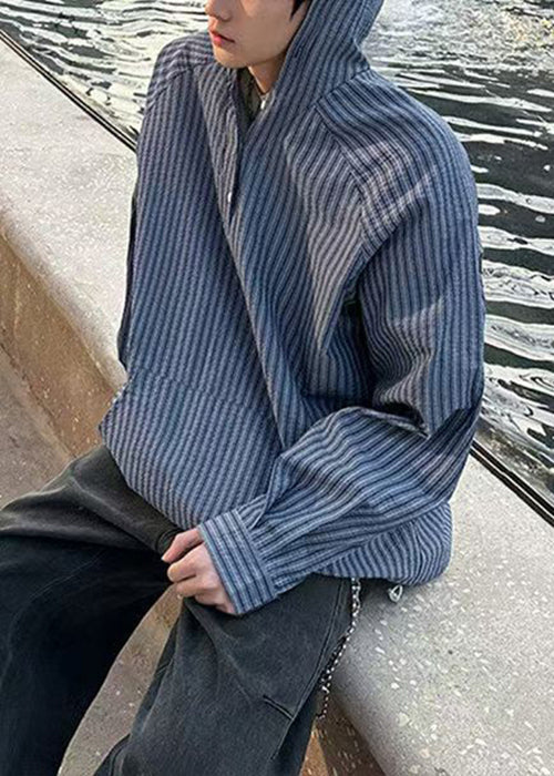 Button Vintage Shirts Spring Men's Striped Hooded Cotton Blue