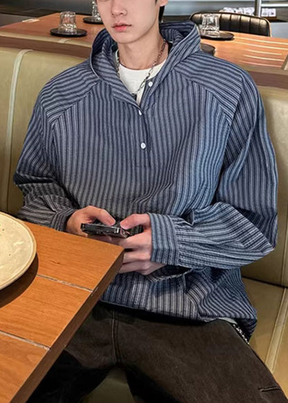 Button Vintage Shirts Spring Men's Striped Hooded Cotton Blue