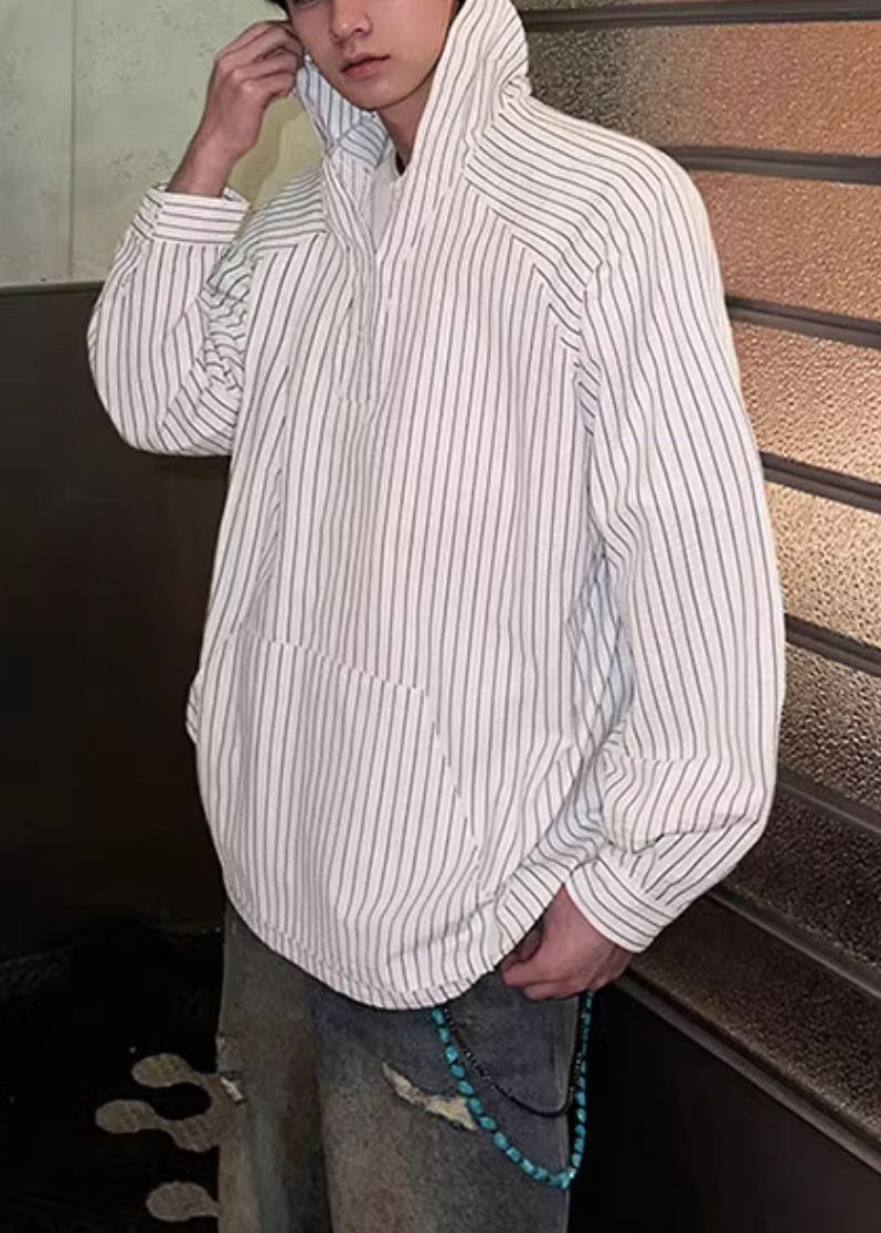 Button Vintage Shirts Spring Men's Striped Hooded Cotton Blue