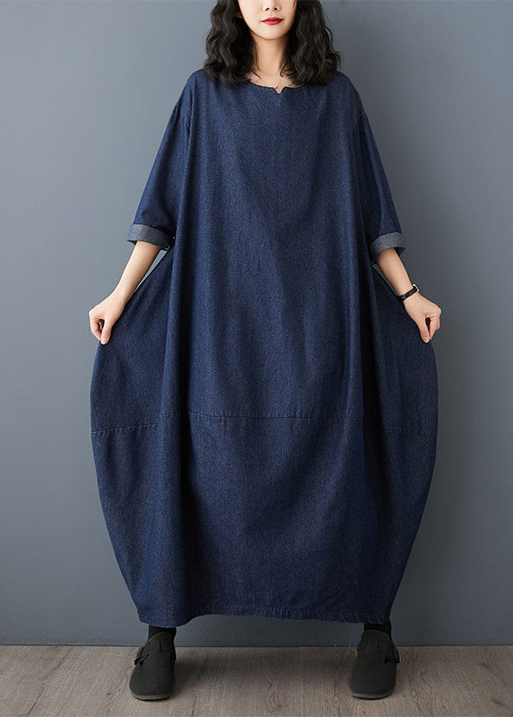Blue Dress Maxi Vintage O-Neck Denim Sleeve Ruffled