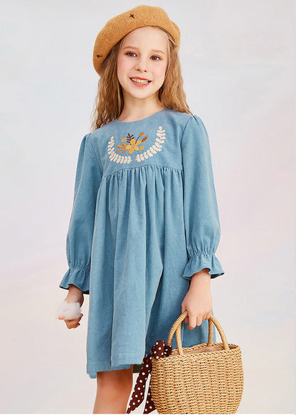 Vintage Blue O-Neck Print Girls Mid Dress Puff Sleeve YE020