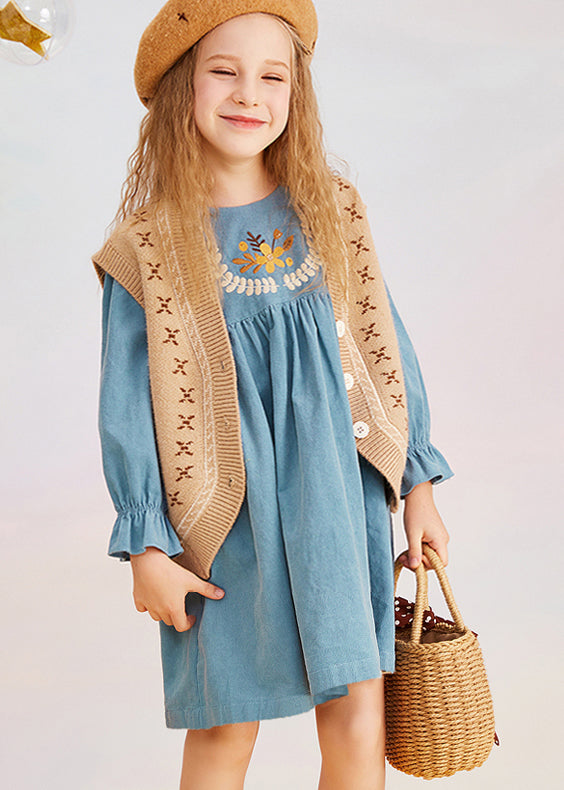 Vintage Blue O-Neck Print Girls Mid Dress Puff Sleeve YE020