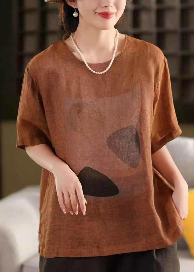 O Neck Print Summer Linen Shirts Vintage T Blue