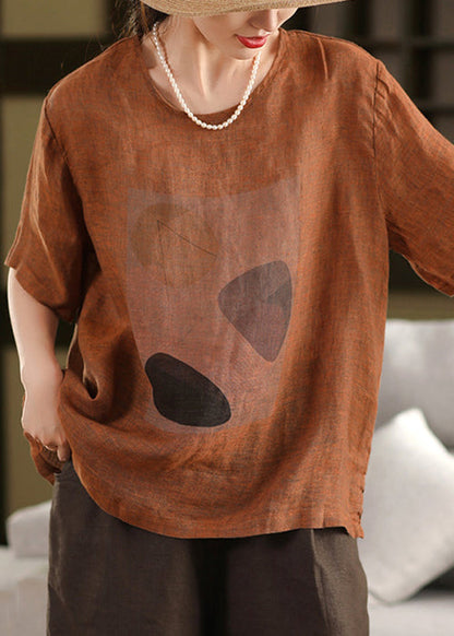 O Neck Print Summer Linen Shirts Vintage T Blue