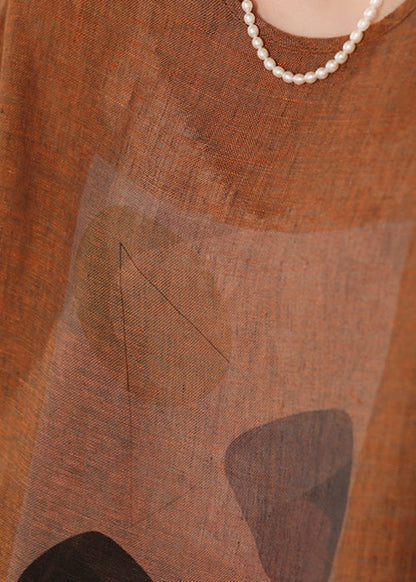 O Neck Print Summer Linen Shirts Vintage T Blue