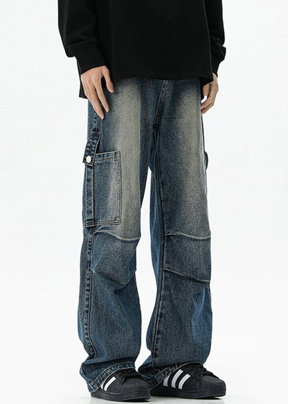 Pockets High Vintage Spring Blue Denim Waist Mens Pants