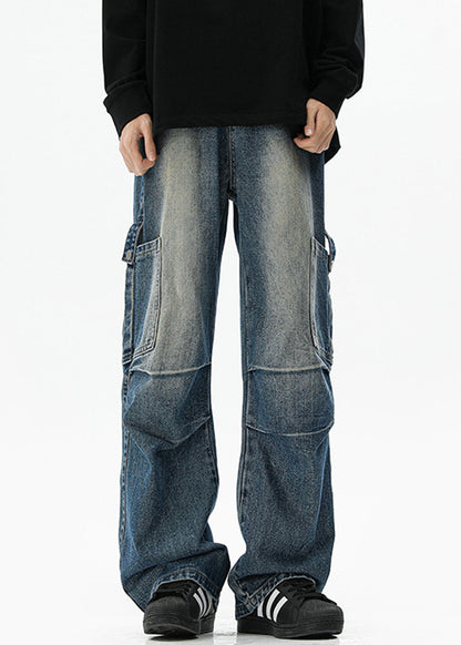Pockets High Vintage Spring Blue Denim Waist Mens Pants