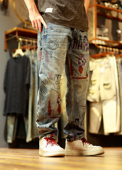 Vintage Blue Print Patchwork Mens Jeans Summer SA001