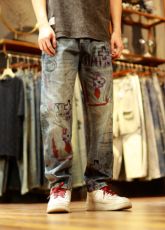 Vintage Blue Print Patchwork Mens Jeans Summer SA001