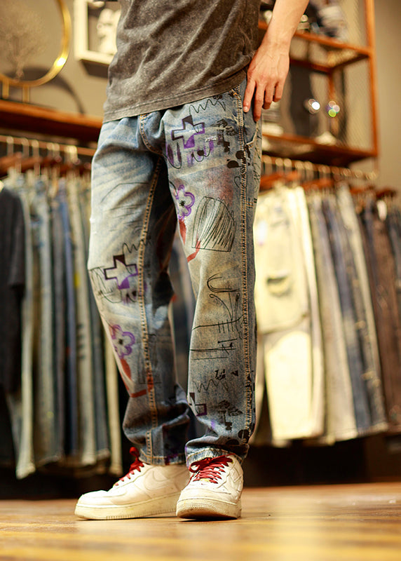 Vintage Blue Print Patchwork Mens Jeans Summer SA001