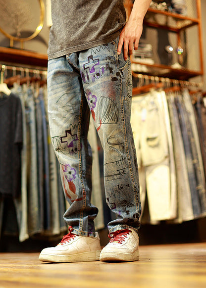 Vintage Blue Print Patchwork Mens Jeans Summer SA001