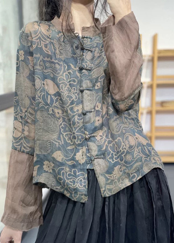 Vintage Blue Stand Collar Print Chinese Button Ramie Linen Top Long Sleeve OO001