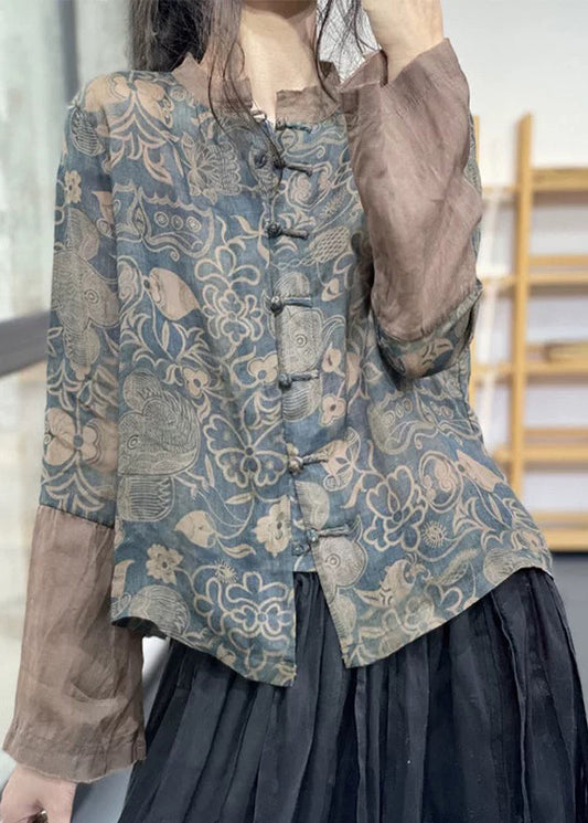 Vintage Blue Stand Collar Print Chinese Button Ramie Linen Top Long Sleeve OO001