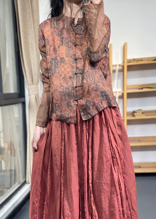 Vintage Blue Stand Collar Print Chinese Button Ramie Linen Top Long Sleeve OO001