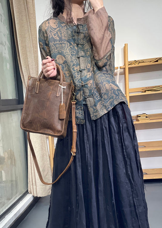 Vintage Blue Stand Collar Print Chinese Button Ramie Linen Top Long Sleeve OO001