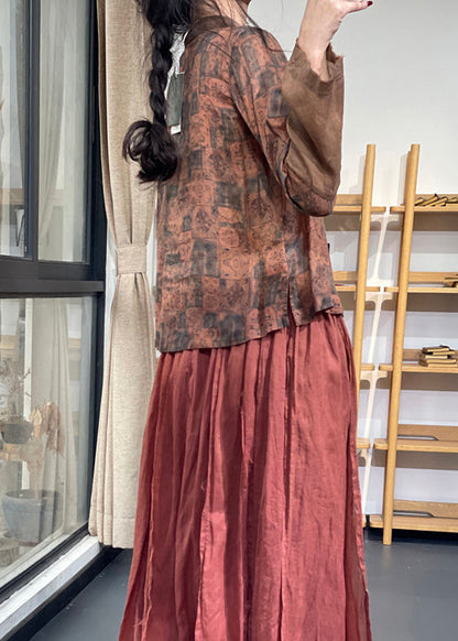 Vintage Blue Stand Collar Print Chinese Button Ramie Linen Top Long Sleeve OO001