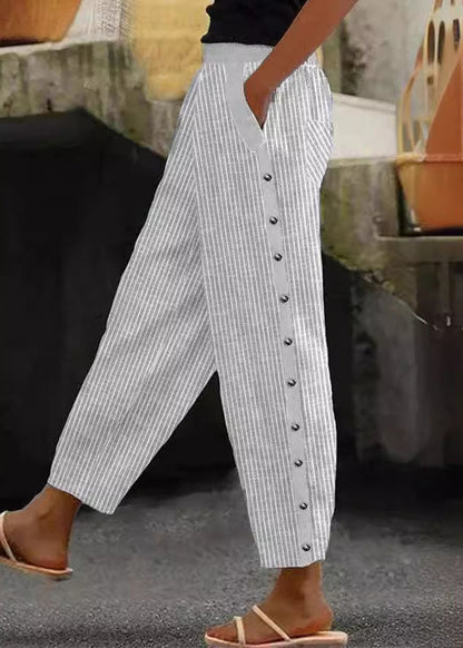 Vintage Blue Striped Pockets High Waist Cotton Crop Pants Summer QA028