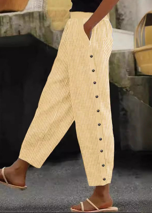 Vintage Blue Striped Pockets High Waist Cotton Crop Pants Summer QA028