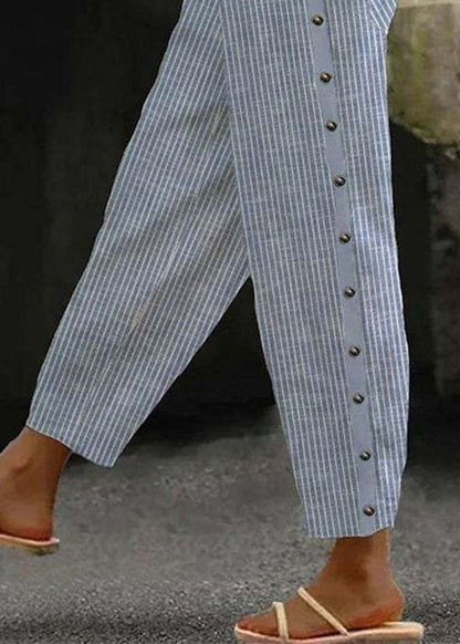 Vintage Blue Striped Pockets High Waist Cotton Crop Pants Summer QA028