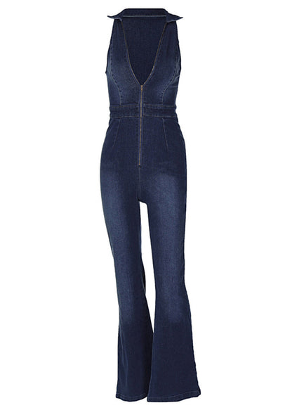 Blue Up Waist Jumpsuit Sleeveless Vintage Zip Denim High