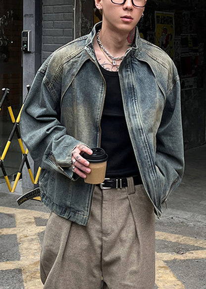 Denim Men Coat TC048 Zip Blue Vintage Spring Pockets Up