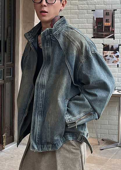 Denim Men Coat TC048 Zip Blue Vintage Spring Pockets Up