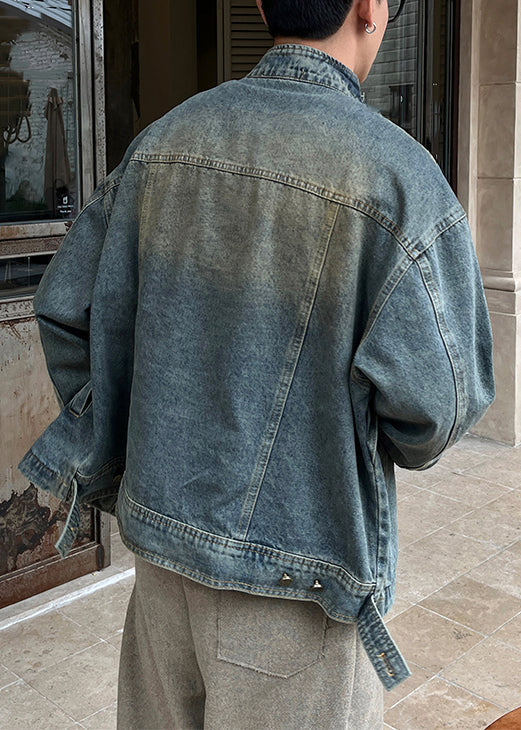 Denim Men Coat TC048 Zip Blue Vintage Spring Pockets Up