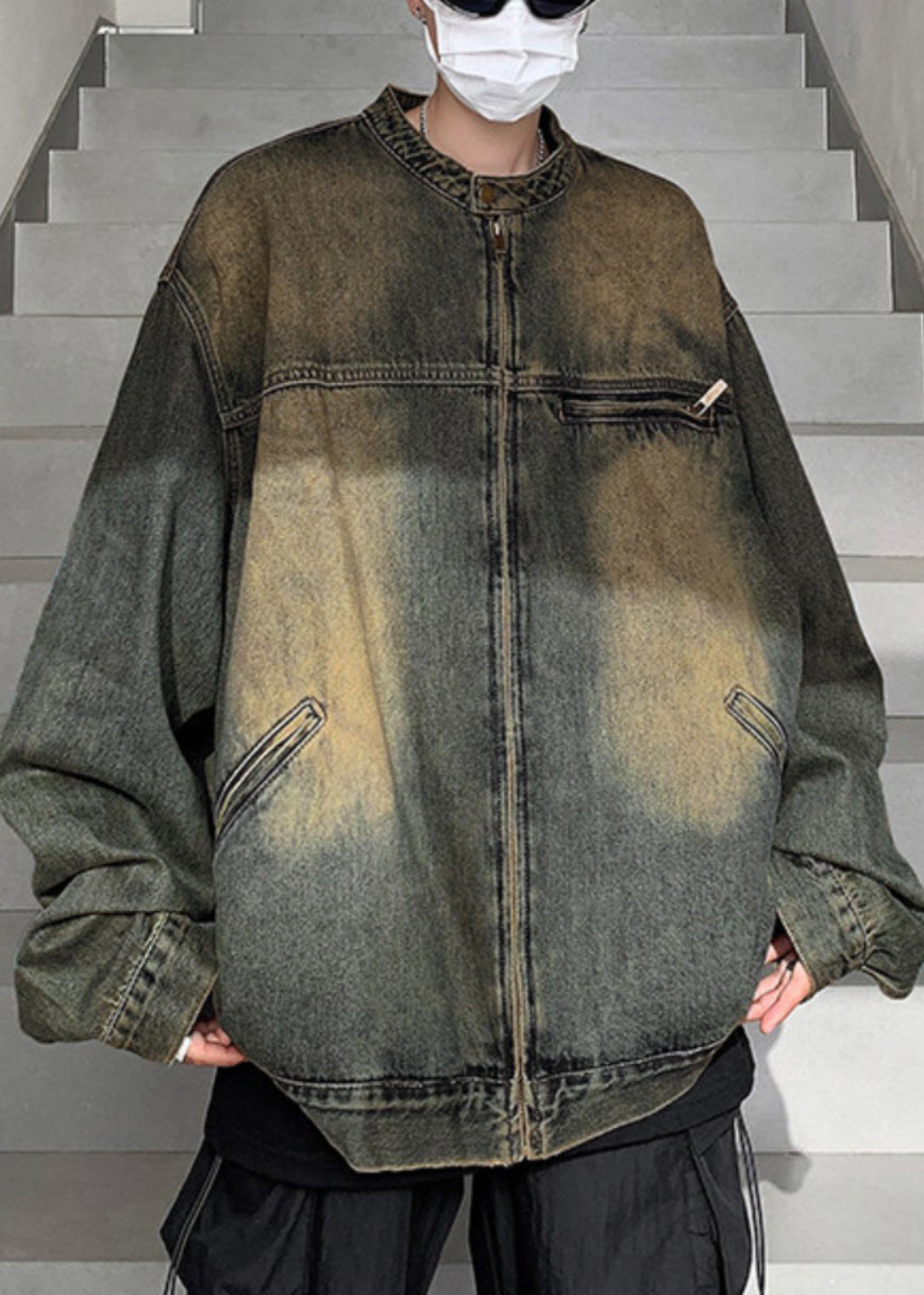 Pockets Zippered Vintage Coat Fall Men Denim Blue
