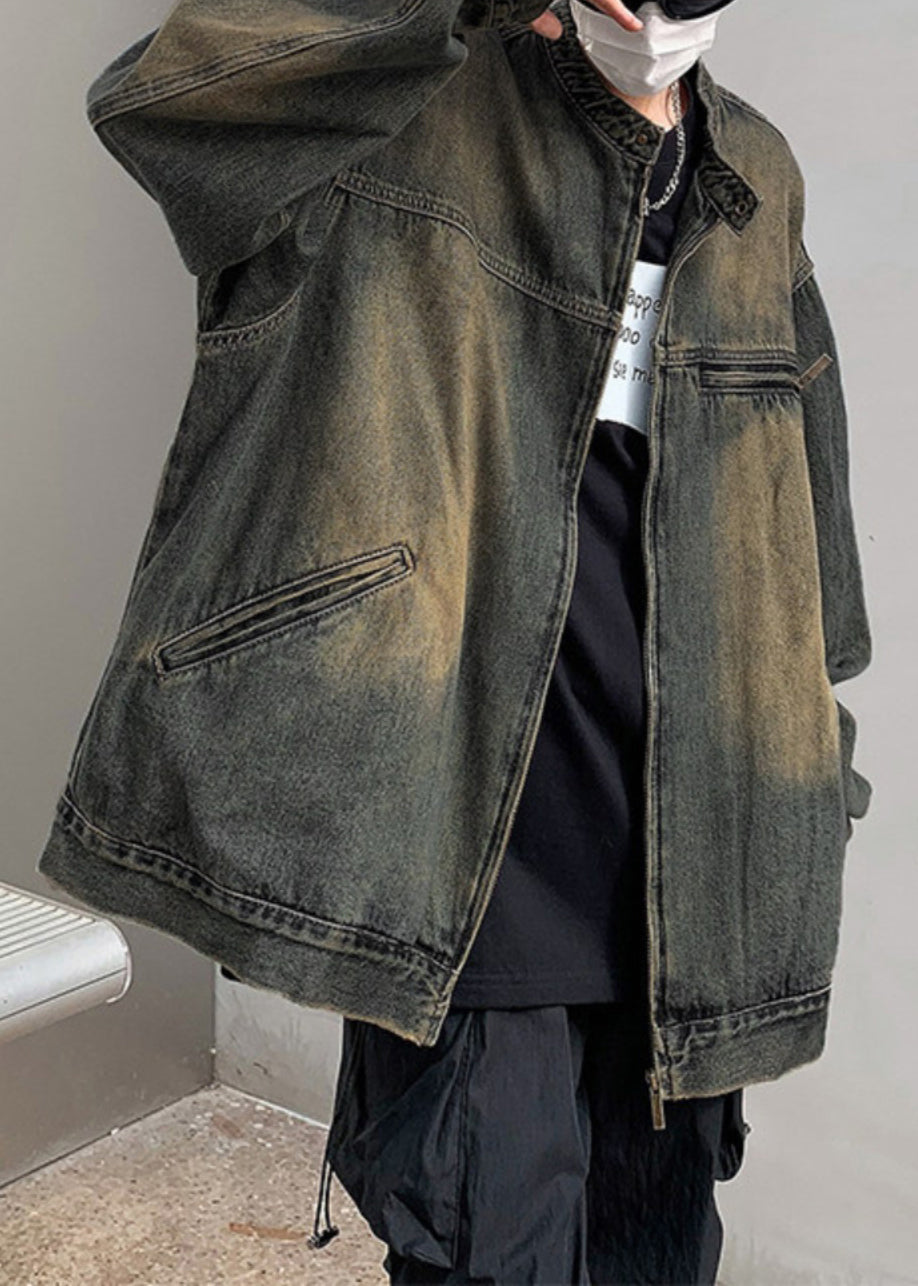 Pockets Zippered Vintage Coat Fall Men Denim Blue